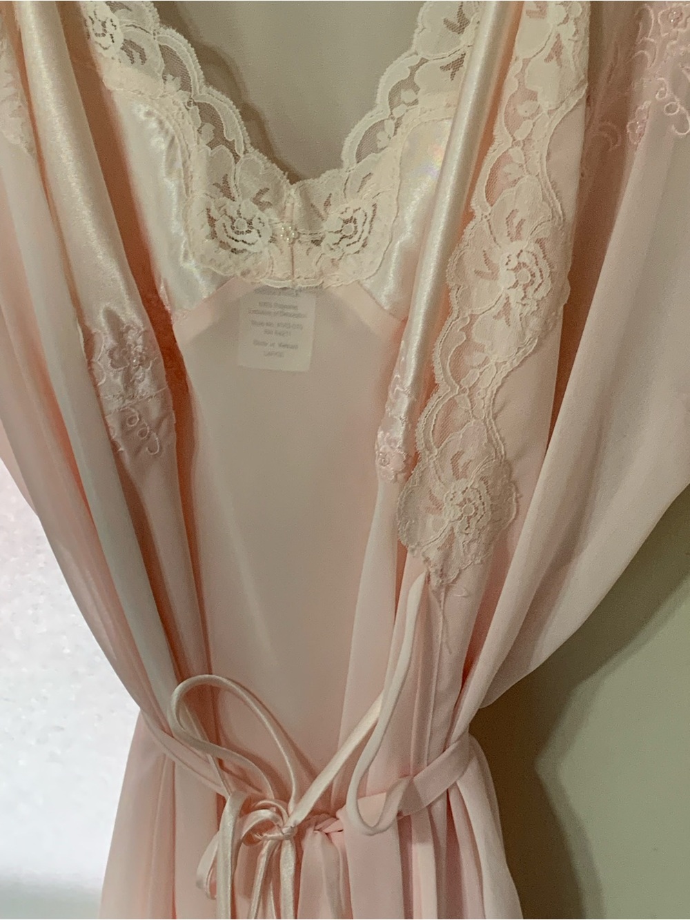 Expressions Lace-Trim Satin Robe in Pale Pink with Matching Slip, 2 piece